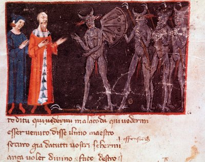 Dante e Virgilio parlano con Malacoda, capo delle squadre dei Malebranche (canto 21 dell