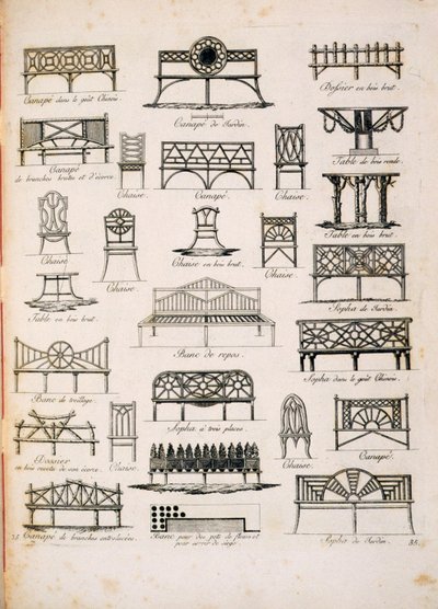 Progetti per sedili da giardino, da A Compendium of Drawings, di J.G. Grohmann, pubblicato 1805 da Italian School