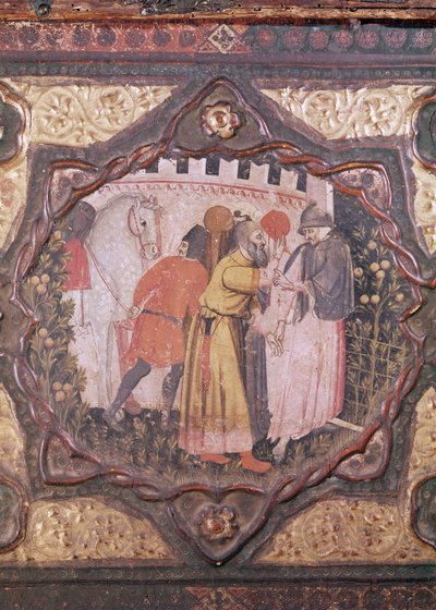 Dettaglio di un cassone che mostra la storia di Saladino e Torello d