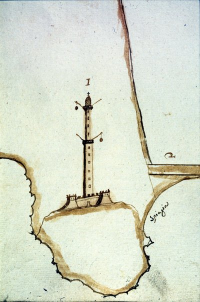 Dettaglio di una mappa topografica manoscritta del XVII secolo che mostra la posizione della lanterna di Genova da Italian School