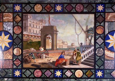(dettaglio) di un piano di tavolo che raffigura il porto di Livorno, da un disegno di Antonio Ciocci da Italian School