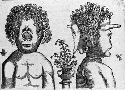 Diversi tipi di mostri umani: volto e volto di testa mostruosa. Incisione da “De monstrorum natura, causis et differentiis” di Fortunio Liceti (1577-1656), scienziato italiano. 1646 da Italian School
