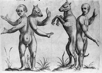 Diversi tipi di mostri umani: due creature con corpi doppi, metà uomo e cane (siamesi). Incisione da 