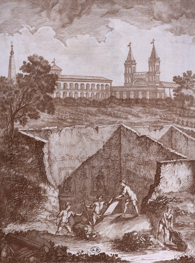 Scoperta di una casa e affreschi a Roma nel 1780, illustrazione da Peintures antiques retrouvées lors d