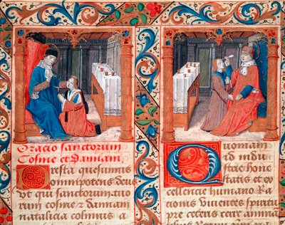 Dottore che opera il cranio di un paziente (la trapanazione del cranio) Rappresentazione dei Santi Cosma e Damiano, medici. Miniatura dal manoscritto 