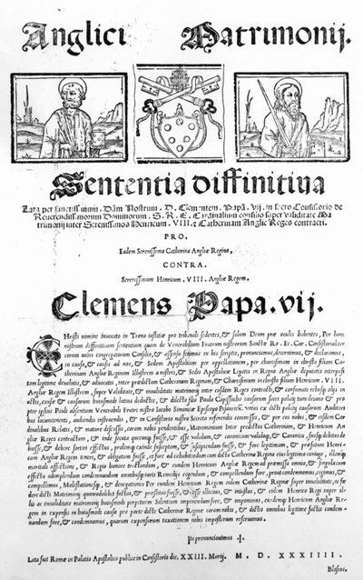 Documento che Dichiarava il Giudizio del Papa sulla Validità del Matrimonio di Enrico VIII e Caterina d