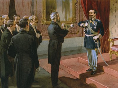 Il duca di Sermoneta offre al re Vittorio Emanuele II (1820-78) il plebiscito di Roma a Palazzo Pitti, Firenze, 1870, illustrazione da un album sulla storia del Risorgimento realizzato per il cioccolato Talmone, fine XIX secolo da Italian School