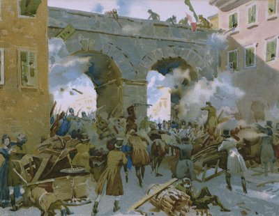 Eventi dal 18 al 22 marzo 1848, i milanesi cacciano gli austriaci, illustrazione da un album sulla storia del Risorgimento realizzato per il cioccolato Talmone, fine XIX secolo da Italian School