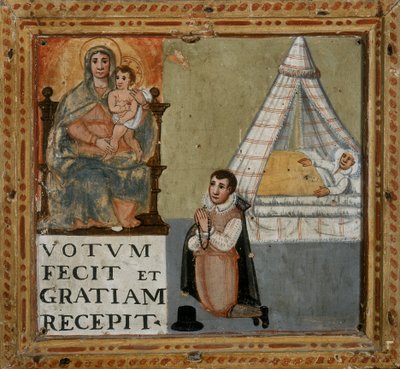 Ex-voto che raffigura un uomo che ringrazia la Vergine in ginocchio per essere guarito da una malattia da Italian School