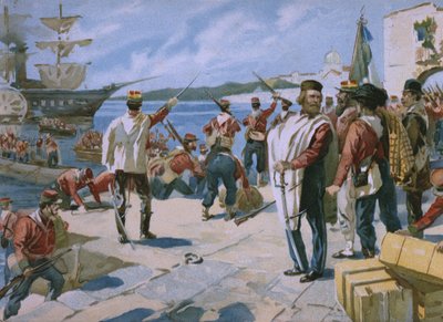 Spedizione dei Mille sotto la guida di Giuseppe Garibaldi, sbarco a Marsala, Sicilia, 1860, illustrazione da un album sulla storia del Risorgimento realizzato per il cioccolato Talmone, fine XIX secolo da Italian School