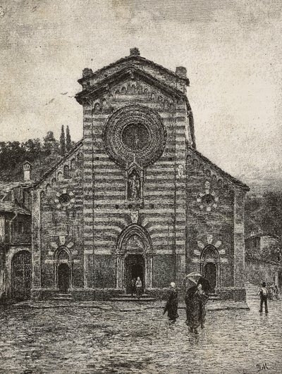Facciata della cattedrale di Bellano, Lago di Como, incisione da disegno di Quinto Michetti, da L