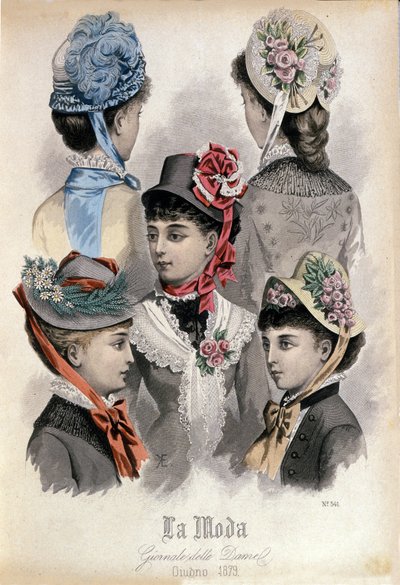 Moda della fine del XIX secolo: diversi modelli di cappelli da donna da Italian School