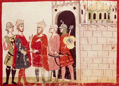 Federico II raggiunge un accordo con il Sultano di Gerusalemme, miniatura dalle Cronache di Giovanni Villani, manoscritto, Italia XIV secolo da Italian School