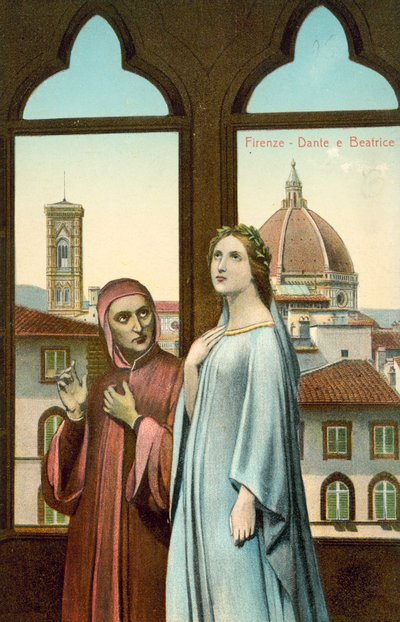 Firenze, Dante e Beatrice (litografia a colori) da Italian School