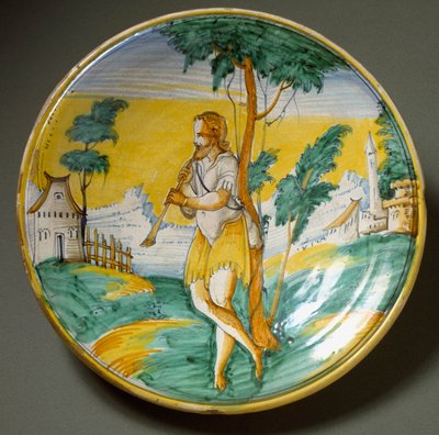 Flautista in un paesaggio. Piatto in ceramica prodotto a Viterbo, Italia. Fine del XVI secolo da Italian School
