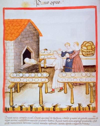 Cottura del pane scuro, illustrazione dal Tacuinum Sanitatis da Italian School