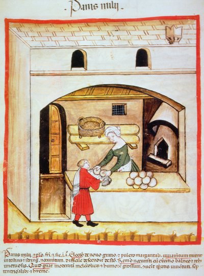 Preparazione del pane di miglio, illustrazione dal Tacuinum Sanitatis Codex Vindobonensis da Italian School