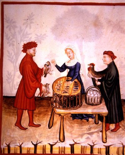 Fol.67r La vendita di giovani colombe, illustrazione da 