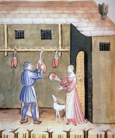 Fol.78v I Macellai: Vendita di Cuori di Animali, dal Tacuinum Sanitatis Codex Vindobonensis da Italian School