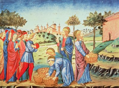 Fol.90v Cristo e il miracolo dei cinque pani e due pesci da Italian School