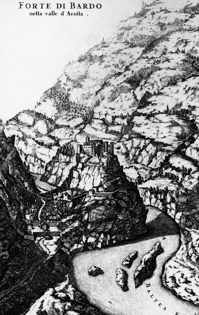Forte di Bard, incisione dal Theatrum Sabaudiae da Italian School