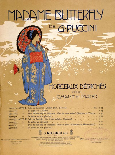 Copertina di un foglio di partitura per estratti da "Madame Butterfly" di Giacomo Puccini (1858-1924) 1906 (litografia a colori) da Italian School