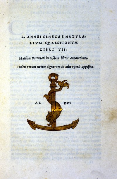 Frontespizio di "Naturalium Questionum Libri VII" o "Natural Questions Book VII" di Seneca il Filosofo o Lucio Anneo Seneca (2 a.C. - 65 d.C.), stampato nel 1503 da Aldo Manuzio, studioso e stampatore veneziano da Italian School
