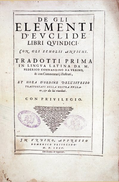Frontespizio del volume XV "Elementi" del matematico greco Euclide (III secolo a.C.) da Italian School