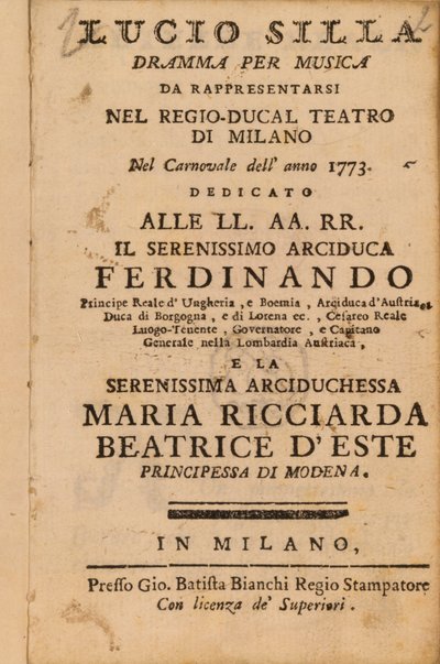 Frontespizio da Lucio Silla di Mozart, eseguito a Milano nel 1773 da Italian School