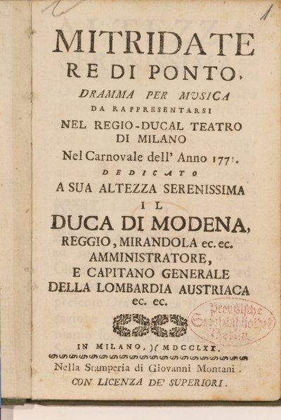 Frontespizio da una copia antica di Mitridate, re di Ponto, un