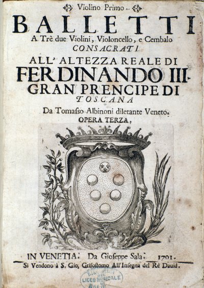 Frontespizio della partitura musicale di Balletti a tre, opera III di Tomaso Albinoni (1671-1750) da Italian School