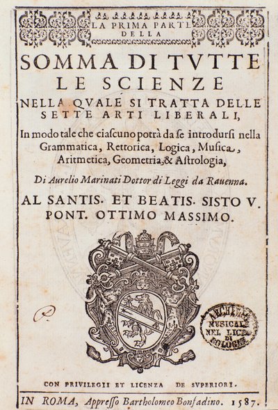 Frontespizio tratto da Somma di tutte le scienze, saggio sulle arti liberali, di Aurelio Marinati da Italian School