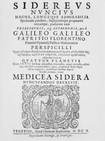 Frontespizio di Sidereus Nuncius di Galileo Galilei, 1610 da Italian School