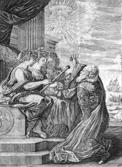 Galileo, astronomo (1564-1642) presenta il telescopio alle tre grazie. Con la mano destra indica il pianeta Giove con i suoi satelliti scoperti da lui stesso e dedicati alla famiglia Medici. Frontespizio di 
