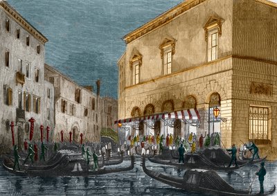 Gondolieri in attesa di spettatori fuori dal Teatro La Fenice, Venezia, Italia, da Le Monde Illustré n.564, 1868 da Italian School
