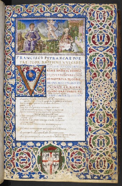 Miniatura di Petrarca e Laura, con Amore che mira la sua freccia a Laura, da 