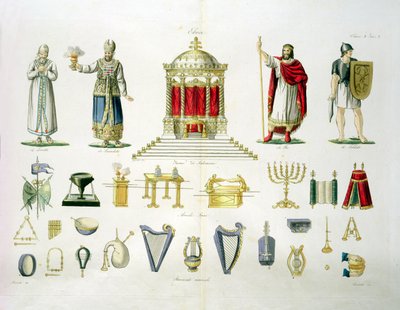 Ebreo Levi, Sacerdote, Re e Soldato con arredi sacri e strumenti musicali, tavola 2, classe 1 da Parte I di La storia delle nazioni, inciso da Marco Comirati da Italian School