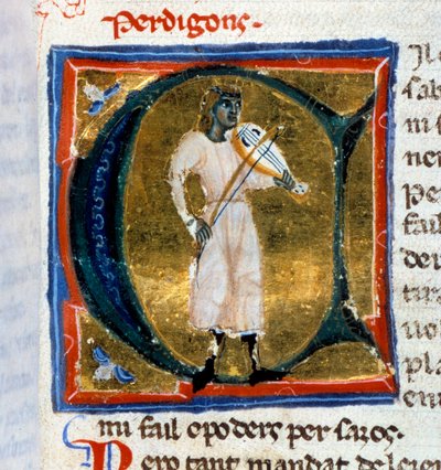 Lettera storica (lettera A). Il trovatore Perdigon suona il vecchio da Italian School