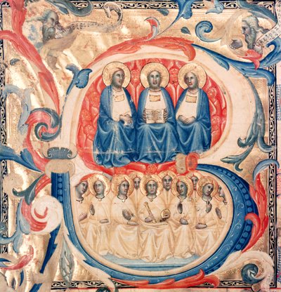 Iniziale istoriata B raffigurante la Trinità e Cristo circondato da angeli, Scuola Bolognese, c.1340-50 da Italian School