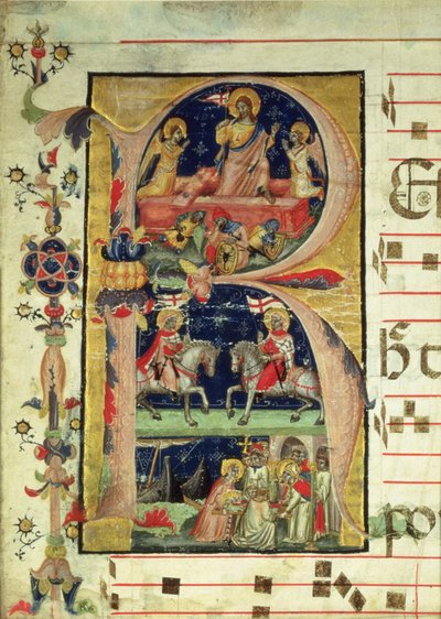 Iniziale istoriata R che raffigura la resurrezione, due santi cavalieri e un santo vescovo che riceve reliquie da Italian School