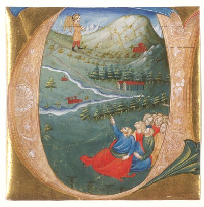 Iniziale istoriata raffigurante Eliseo nel mantello di Elia, ritaglio da un antifonario, c.1440 da Italian School