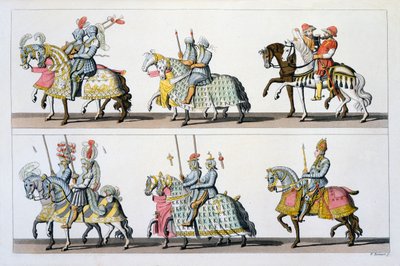 Sacro Romano Impero: Partecipanti a un torneo al Castello di Lussemburgo ai tempi di Massimiliano I, da Costumi dei Romani, Svizzeri.. c.1800-18 da Italian School