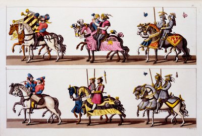 Sacro Romano Impero: Partecipanti a un torneo al Castello di Lussemburgo ai tempi di Massimiliano I, da Costumi dei Romani, Svizzeri.. c.1800-18 da Italian School