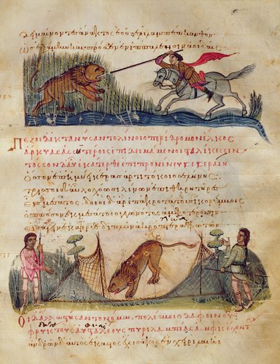 Caccia con lance e trappole, illustrazione dal Cynegetica di Oppiano da Italian School