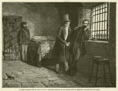 Il padre di Mazzini pone al figlio il bivio, o rimanere confinato in una piccola città di Piemonte, o lasciare gli Stati Sardi (incisione) da Italian School