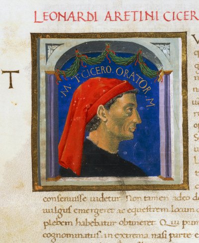 Pagina illuminata con profilo di Cicerone, Volume I, sinistra 1, f 303 r, Vitae virorum illustrium, di Plutarco, manoscritto, Italia da Italian School