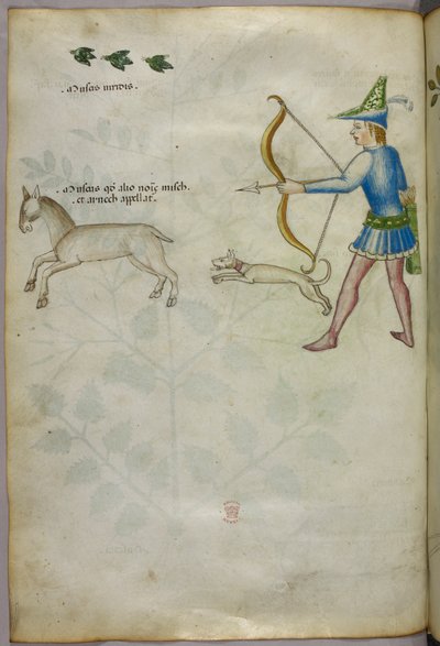 Illustrazione di un uomo con arco che spara a un animale, con un cane e uccelli sopra, 1440 circa (inchiostro e colore su pergamena) da Italian School