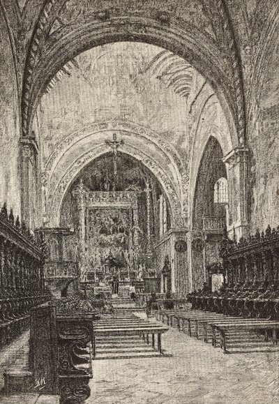 Interno della chiesa di Chiaravalle, Italia, incisione da disegno di Quinto Michetti, da L
