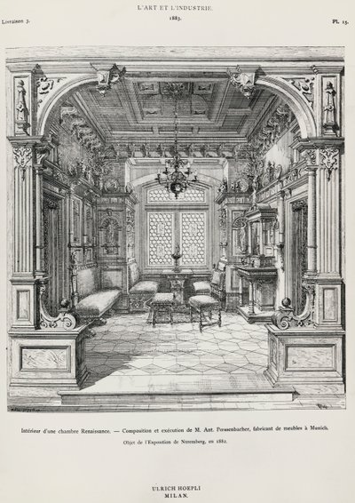Interno di camera da letto in stile neo-rinascimentale di Possenbacher, Monaco, illustrazione da L