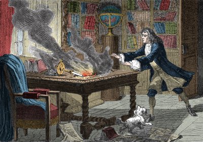 Il cane di Isaac Newton rovescia una candela e incendia i suoi documenti da Italian School